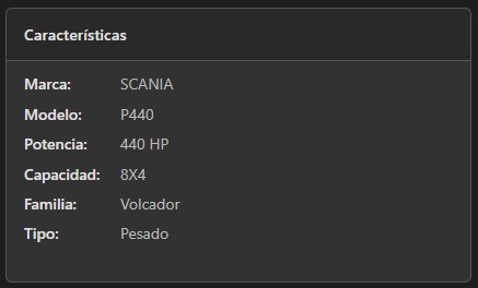 Características técnicas del equipo, completas y organizadas.